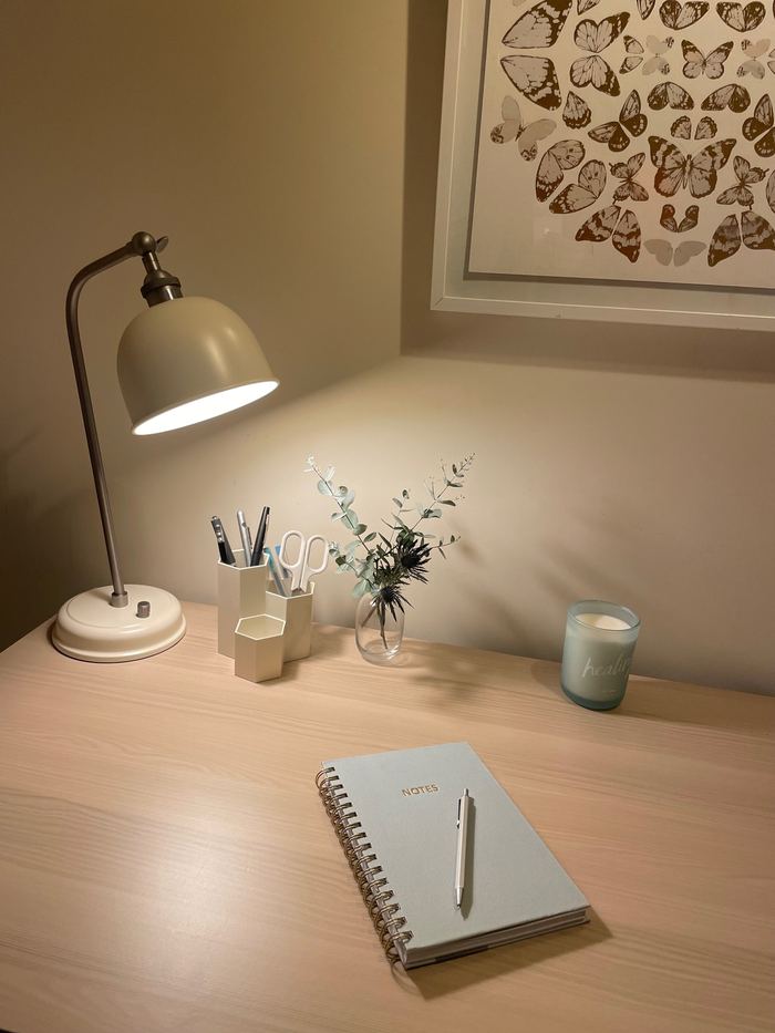 Desk styling vignette with a diffuser, candle, notebook and eucalyptus stems